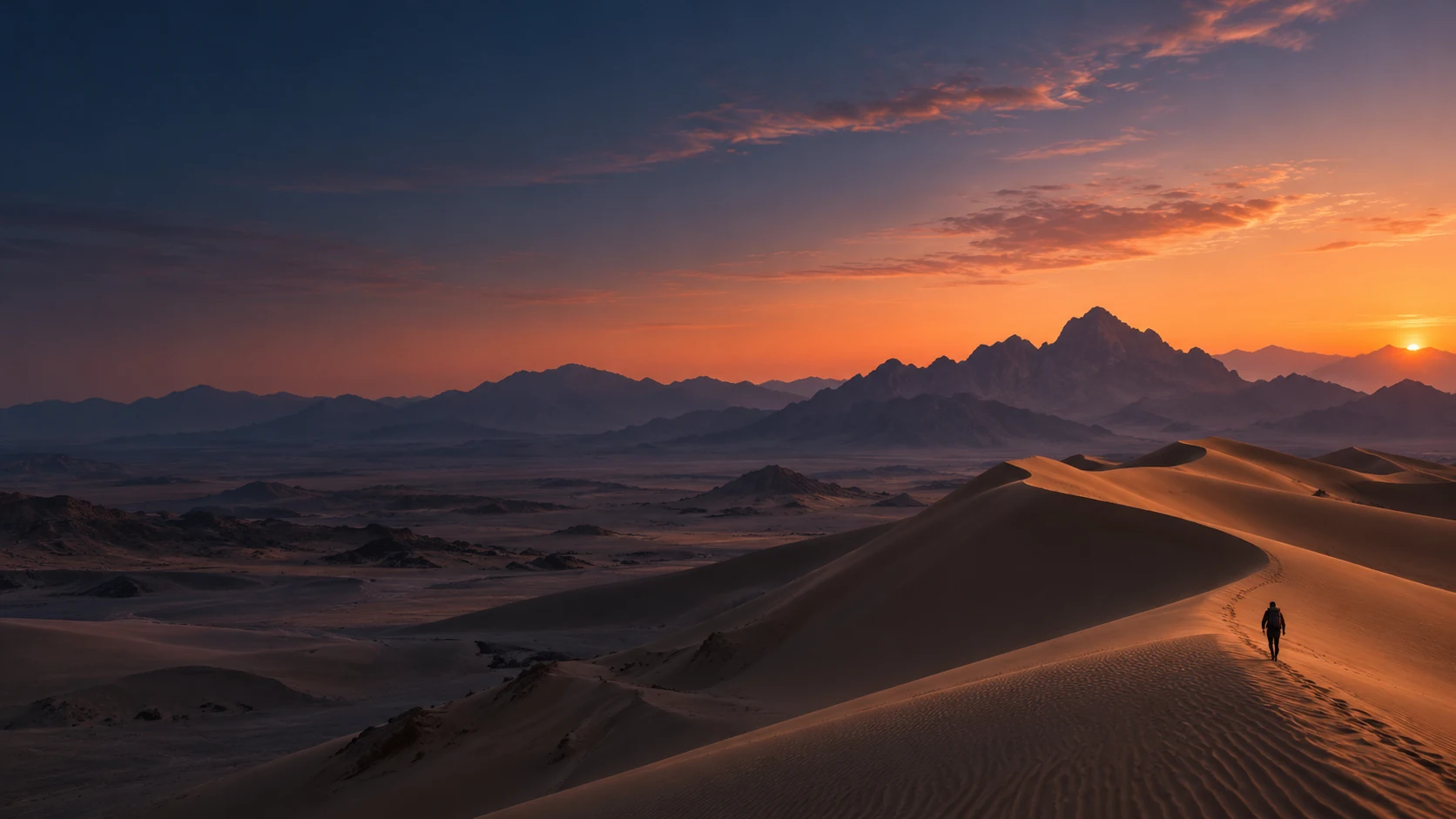 暮色中远山与沙丘的辽阔风景