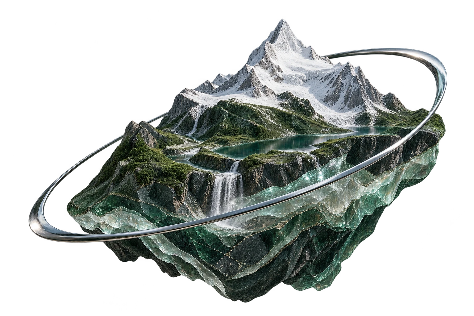 由雪山、湖泊与银色轨道组成的悬浮地形艺术